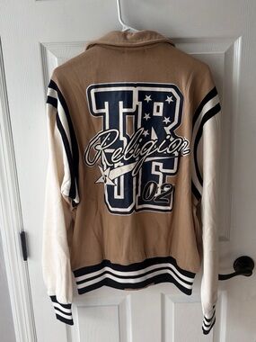 NWT True Religion Tan & White Varsity Bomber Jacket size Small